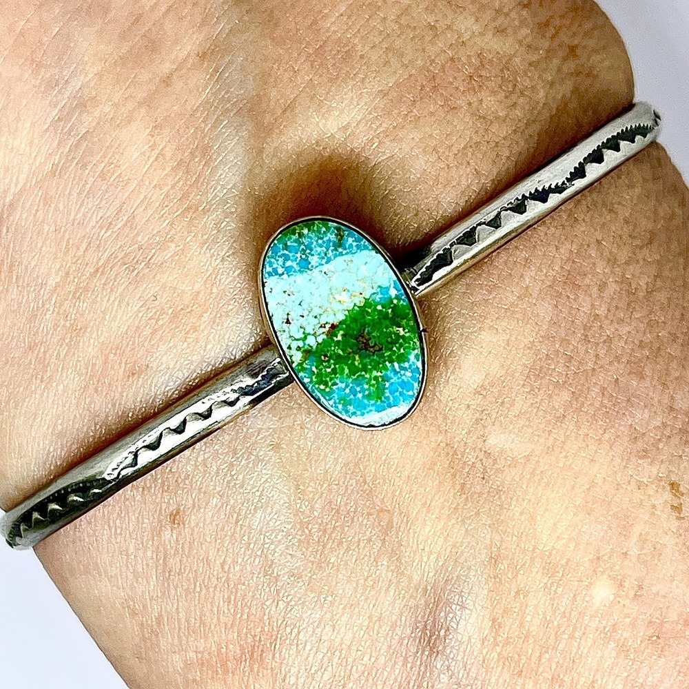 Navajo Cuff Bracelet Sonoran Gold Turquoise Hand Stamped 6.5in Tahe 7g‎ Stacker